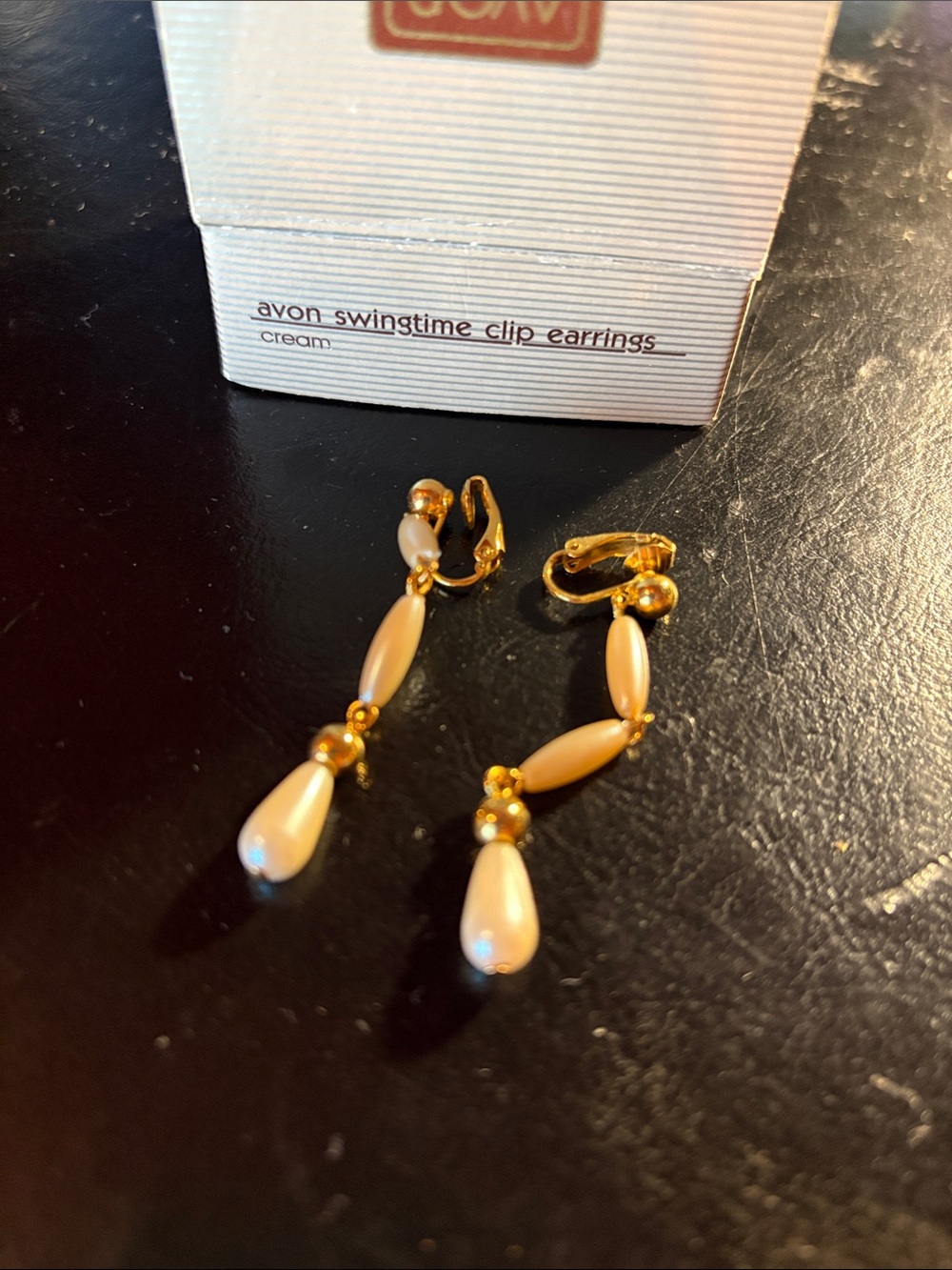 Avon Gold-Tone Drop Earrings with Cream Beads